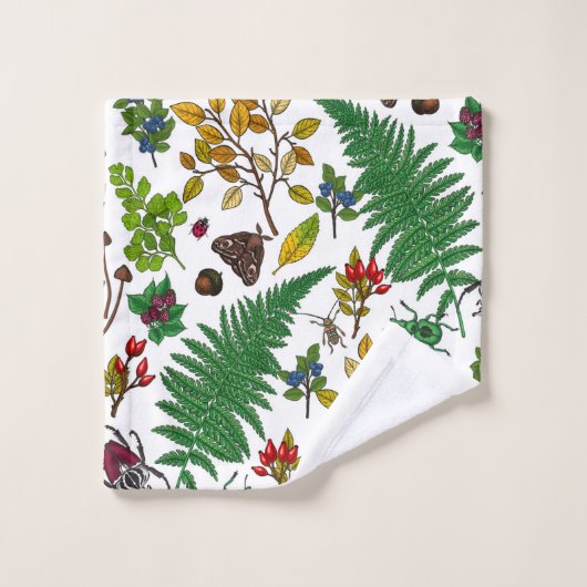Waldbeeren, Blätter und Waldkäfer auf Weiß Badhandtuch Set (Waschlappen)