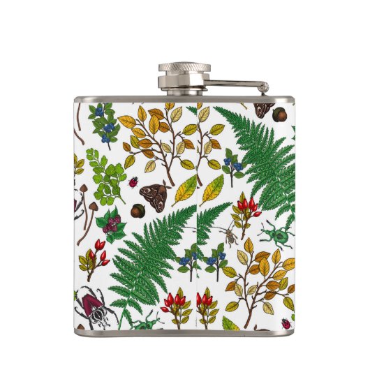 Waldbeeren, Blätter und Waldkäfer auf Weiß Flachmann (Rückseite)