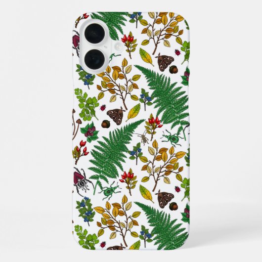Waldbeeren, Blätter und Waldkäfer auf Weiß iPhone Hülle (Rückseite)