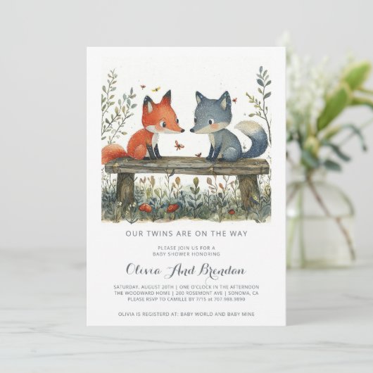 Walddusche Twins Baby Einladung (Stehend Vorderseite)
