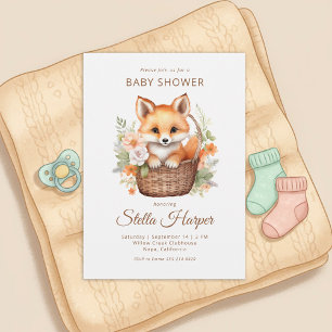 Waldeinladung für Baby-Party mit Fuchs und Blumen Einladung