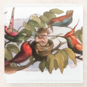 Waldelf im Nest: Antique Bird Sprite Fairy Glasuntersetzer