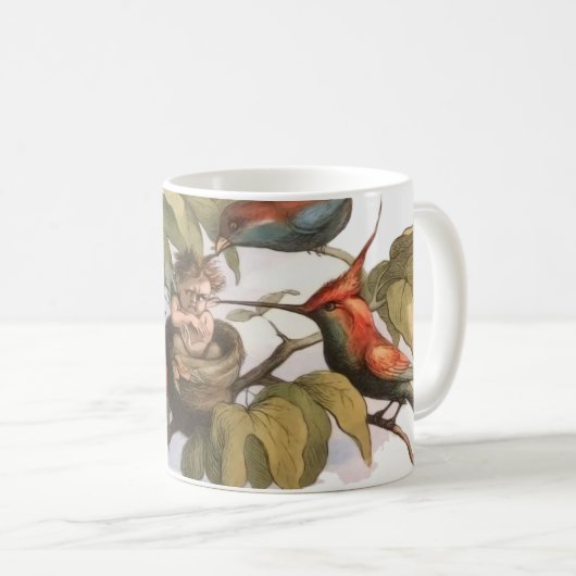 Waldelf im Nest: Antique Bird Sprite Fairy Kaffeetasse (VorderseiteRechts)