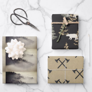 Wälder, Äxte, Berge, schwarz und steinförmig Geschenkpapier Set