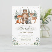Wälder Birthday Forest Animals Grüne Gold Einladung (Stehend Vorderseite)