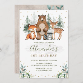 Wälder Birthday Forest Animals Grüne Gold Einladung