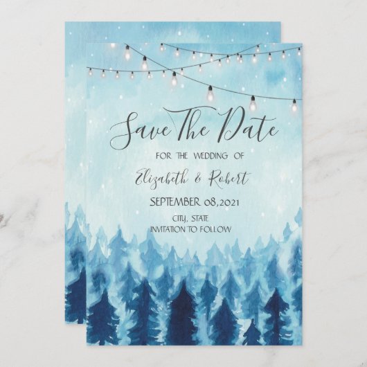 Wälder, Kiefern Save the Date blau (Vorne/Hinten)