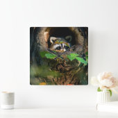 Wälder | Raccoon Peeking Quadratische Wanduhr (Zuhause)