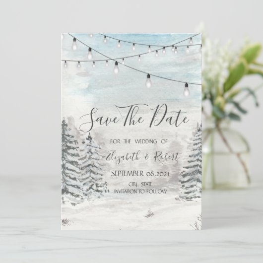 Wälder, Schnee, Waldsaunenleuchten Save the Date (Stehend Vorderseite)