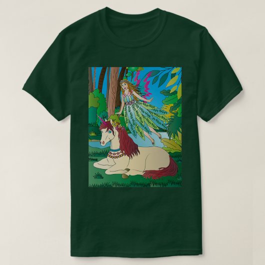 Wälder- und Wasserszene des Fliegens und des Unico T-Shirt (Design vorne)