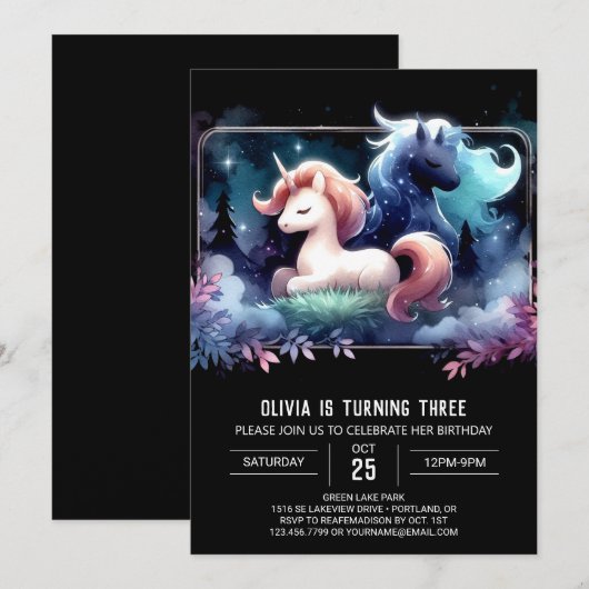 Waldfantasy Pferd Geburtstag Einladung (Vorne/Hinten)