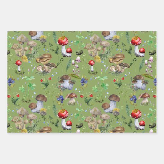 Waldflächen Wasserfarbenpilze Berry Green Pflanze Geschenkpapier Set (Vorderseite 3)