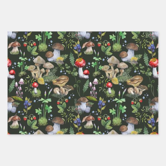 Waldflächen Wasserfarbenpilze Berry Green Pflanze Geschenkpapier Set (Vorderseite)