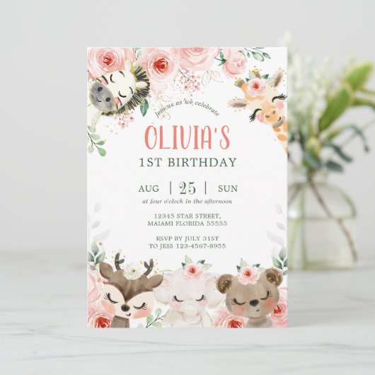 Waldfreunde Rosa Blumengeburtstag Einladung (Stehend Vorderseite)