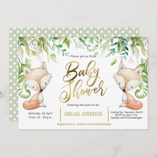 Waldfuchs, Grünpflanzen, Imitats Gold Baby Boy Dus Einladung (Vorne/Hinten)