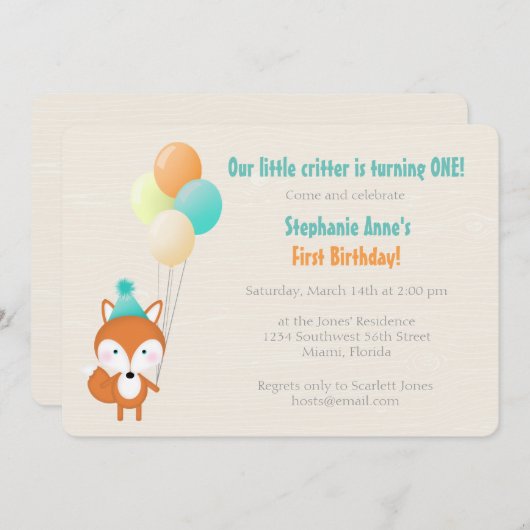 Waldfuchs mit Balloons Einladung (Vorne/Hinten)
