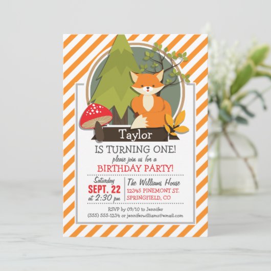 Waldfüchse; Orange und Weiße Streifen Einladung (Stehend Vorderseite)