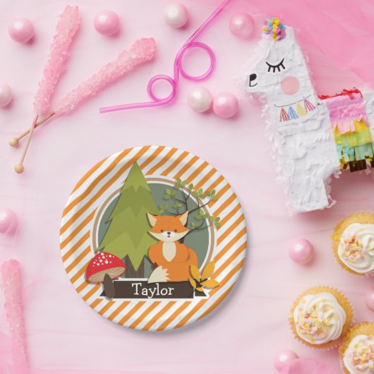 Waldfüchse; Orange und Weiße Streifen Pappteller (Party)