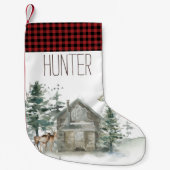 Waldgebiet Hirsche Hütte Rot Kariert mit Name Kleiner Weihnachtsstrumpf (Vorderseite)