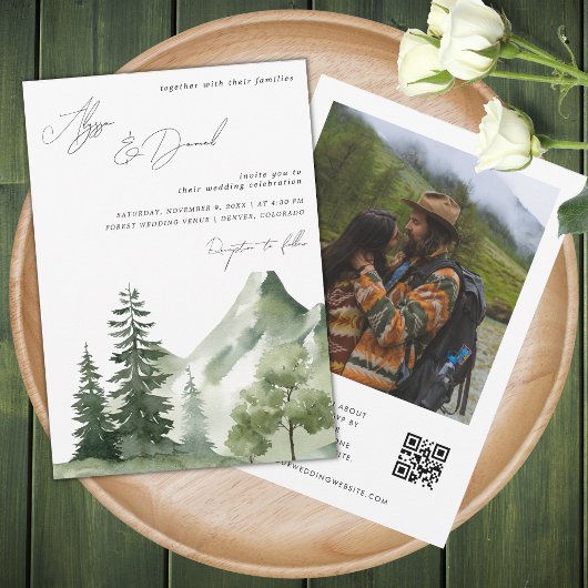 Waldgebirge Moderne Script QR Code Hochzeit Einladung