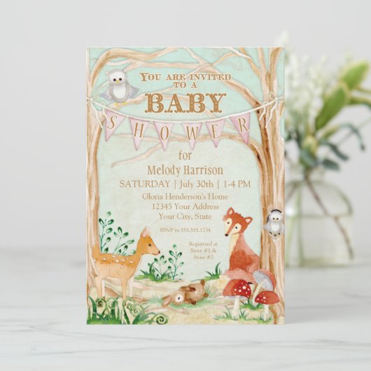 Waldgeschöpf-Tier-Rotwildfox-Kaninchen-Eulen-Kunst Einladung (Stehend Vorderseite)