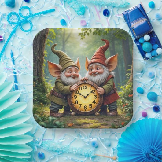 Waldgnomen mit alter Uhr Pappteller (Party)
