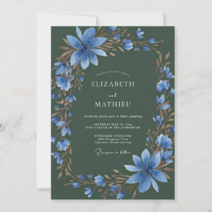 Waldgrün Blaue Aquarell-Blumenhochzeit Einladung