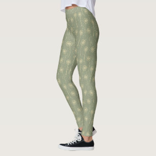Waldgrün-gelbes-bohemian-Löwenzahn-Muster Leggings
