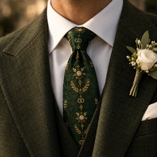 Waldgrün-goldene Rosen-Hochzeitsring-Motiv Krawatte