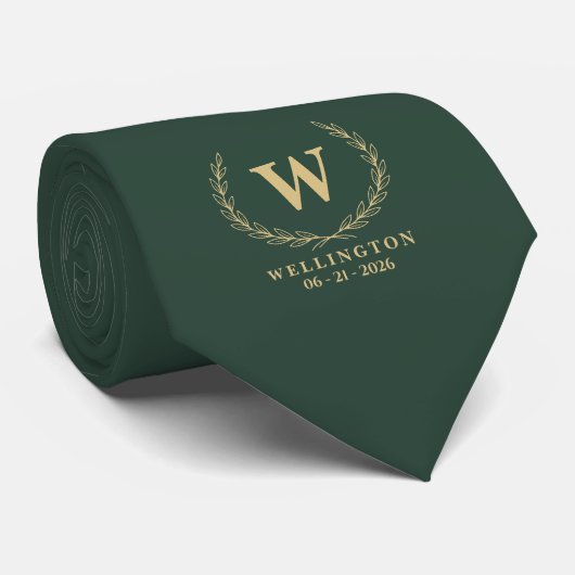 Waldgrün-goldener Lorbeer-Monogramm-Hochzeitsdatum Krawatte (Gerollt)