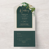 Waldgrün-goldfarbene Winterhochzeit der weißen Ros All In One Einladung (Innen Boden)