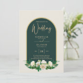 Waldgrün-goldfarbene Winterhochzeit der weißen Ros Einladung (Stehend Vorderseite)