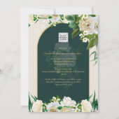 Waldgrün-goldfarbene Winterhochzeit der weißen Ros Einladung (Rückseite)