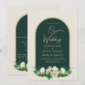 Waldgrün-goldfarbene Winterhochzeit der weißen Ros Einladung (Vorne/Hinten)