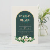 Waldgrün-goldfarbene Winterhochzeit der weißen Ros Einladung (Stehend Vorderseite)