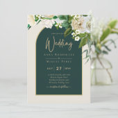 Waldgrün-goldfarbene Winterhochzeit der weißen Ros Einladung (Stehend Vorderseite)