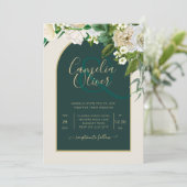 Waldgrün-goldfarbene Winterhochzeit der weißen Ros Einladung (Stehend Vorderseite)