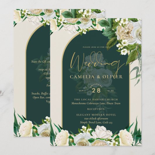 Waldgrün-goldfarbene Winterhochzeit der weißen Ros Einladung (Vorne/Hinten)