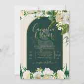 Waldgrün-goldfarbene Winterhochzeit der weißen Ros Einladung (Vorderseite)