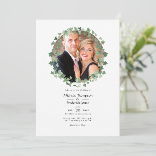 Waldgrün Hochzeitsfest Foto Einladung (Stehend Vorderseite)