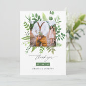 Waldgrün Hochzeitssfoto Collage Dankeskarte (Stehend Vorderseite)