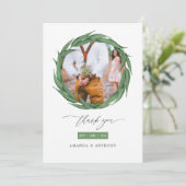 Waldgrün Hochzeitssfoto Collage Dankeskarte (Stehend Vorderseite)