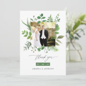 Waldgrün Hochzeitssfoto Collage Dankeskarte (Stehend Vorderseite)