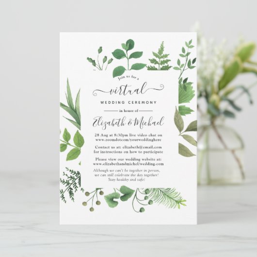 Waldgrün im Wald Online Virtual Wedding Einladung (Stehend Vorderseite)