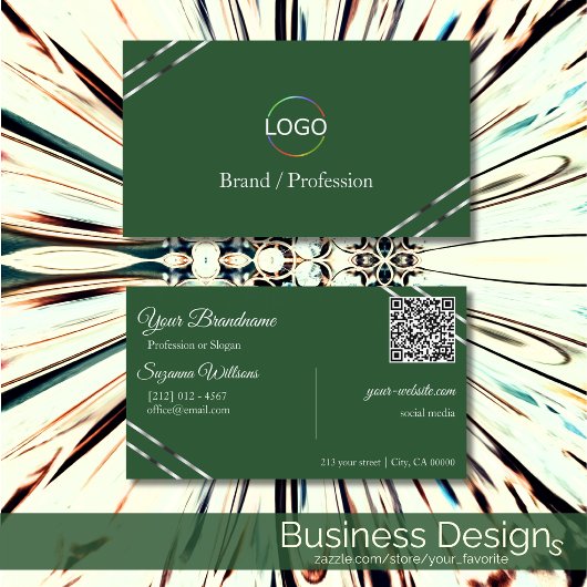 Waldgrün mit Silberlinien-Logo und QR-Code Visitenkarte
