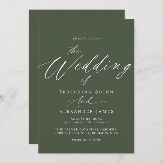 Waldgrün | Modernes Skript Einfache Hochzeit Einladung (Vorne/Hinten)