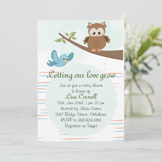 Waldgrün Owl Boy Kinderdusche Einladung (Stehend Vorderseite)