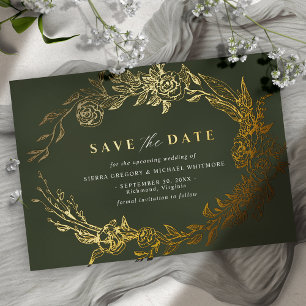 Waldgrün und Gold Moos Floral Save-the-Date Folieneinladung