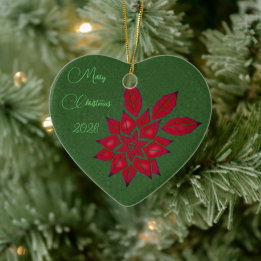 Waldgrün und rote Poinsettie Keramik Ornament