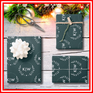 Waldgrün und Weiß   Moderne Anfangsbuchstaben-Mono Geschenkpapier Set